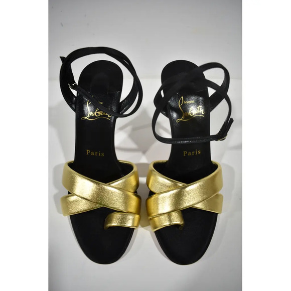 Christian Louboutin Just Me 100 Black Gold Sandal Ankle Strap Open Heel Pump 39 - Picture 6 of 11